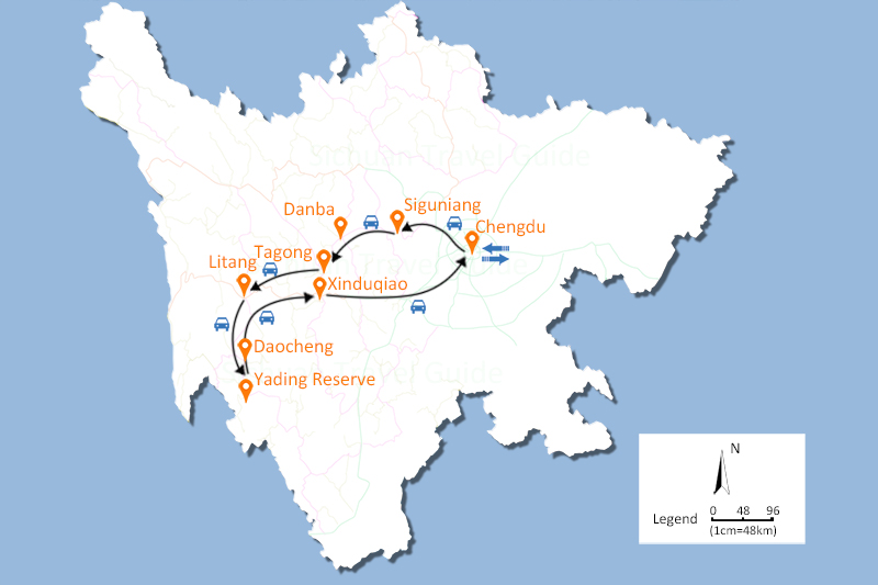 Chengdu to Daocheng Yading Travel Map