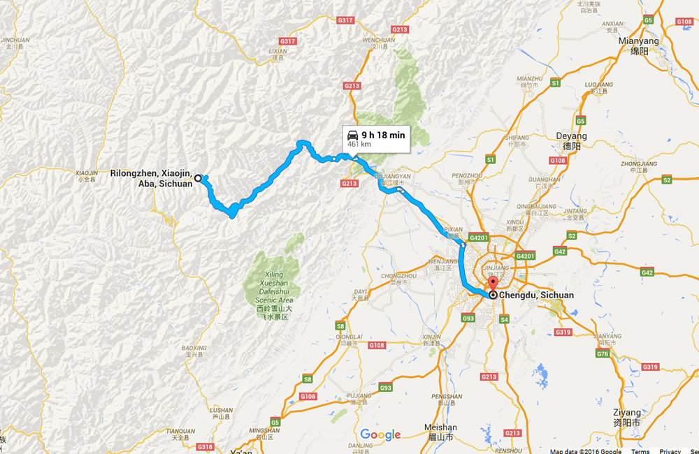 Chengdu to Mount Siguniang Travel Map